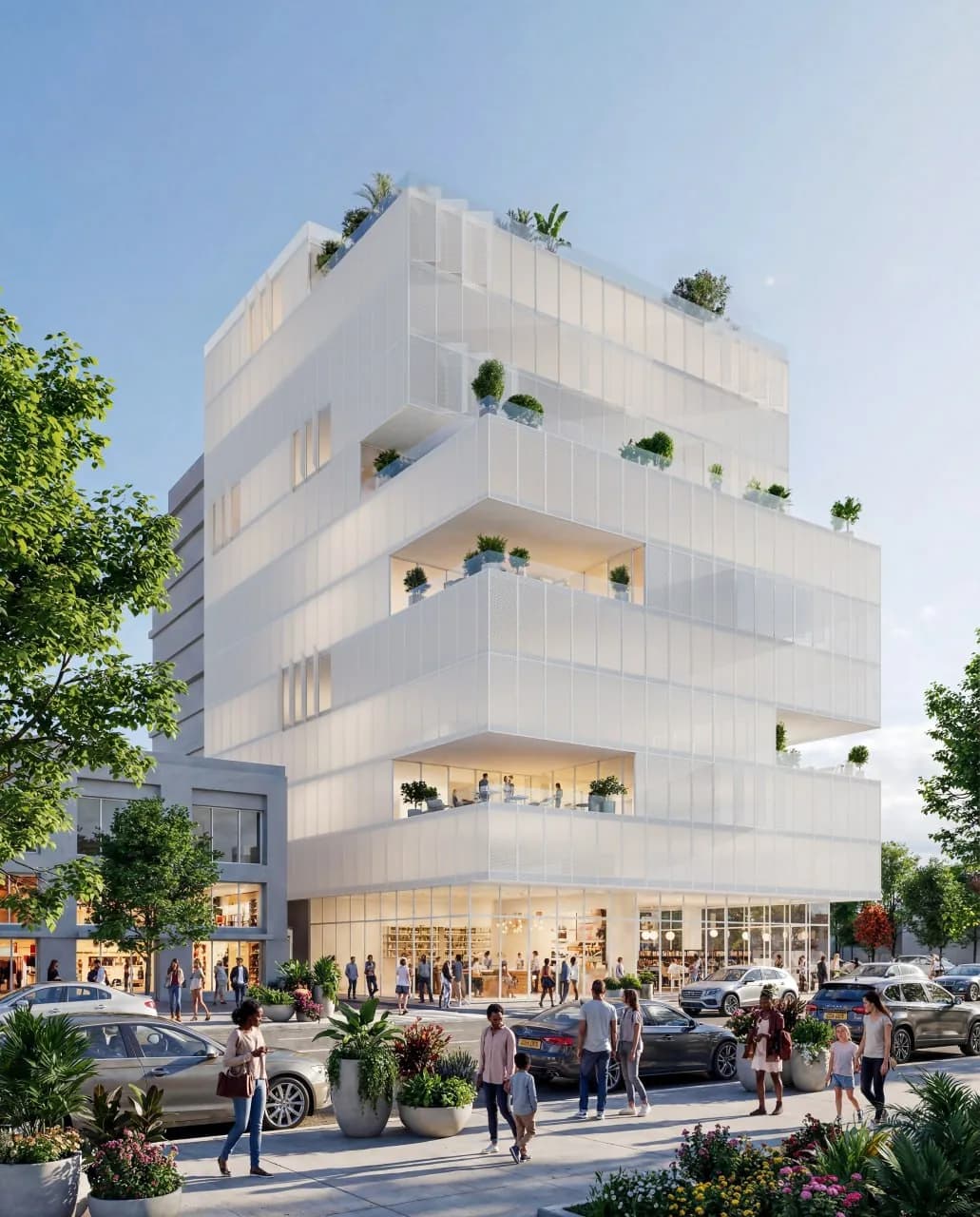 Galgalei HaPlada 13 commercial building — facade, terraces, and active ground floor
