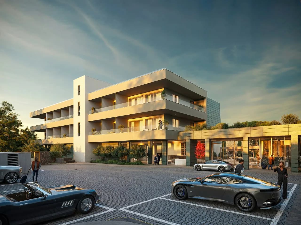 Main arrival court and entrance of the Pano Platres hospitality complex