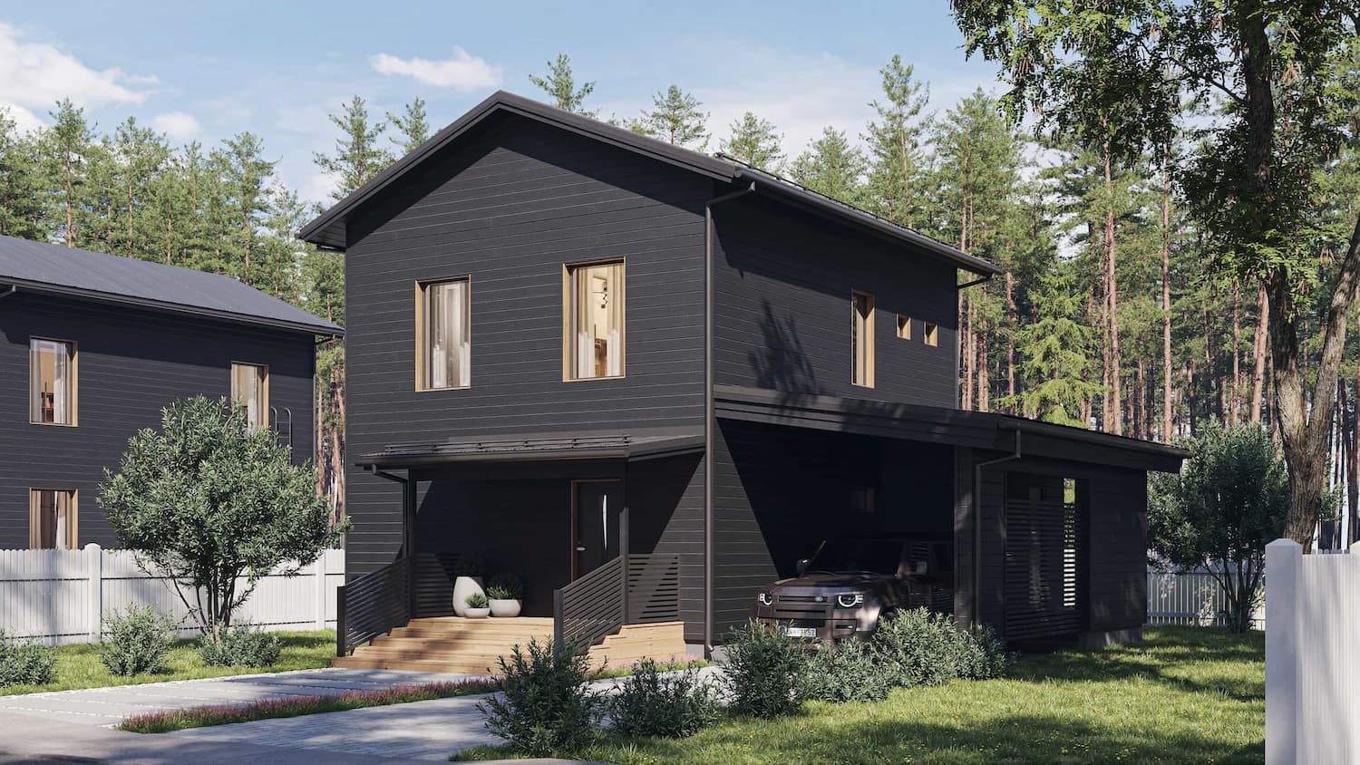 Exterior Visualization of a Black Timber Family House