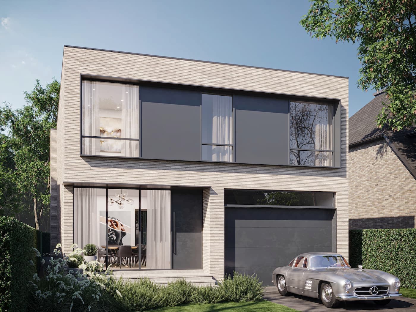 Exterior Visualization of a Modern Brick House with a Pool