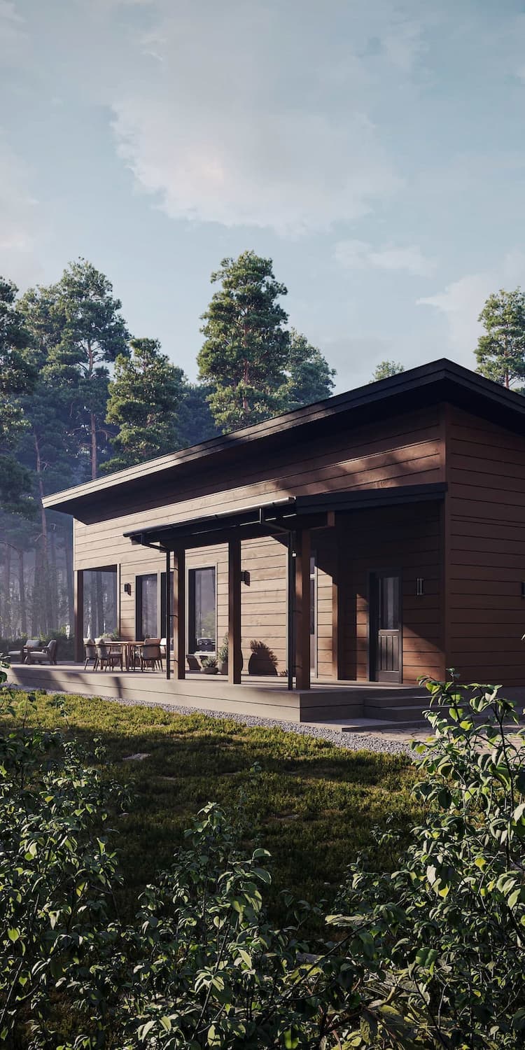Exterior Visualization of a Single-Storey Pine Forest House