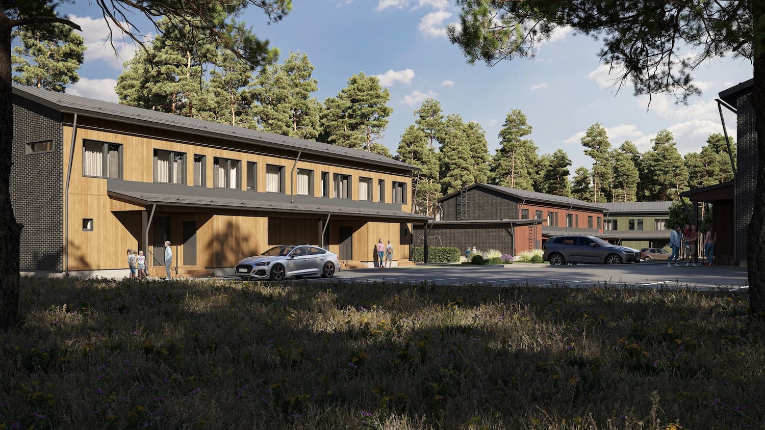 Exterior Visualization of Low-Rise Pine Forest Housing
