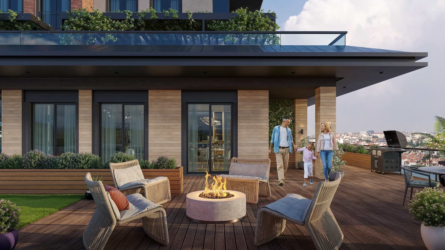 Private Coastal Residence terrace with a fire feature, lounge furniture, and city view