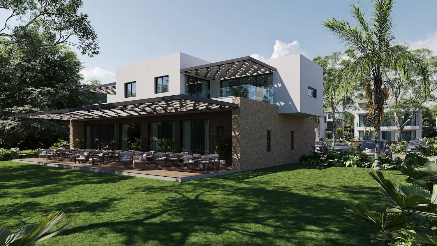 Contemporary Villa Community club house with an open terrace in a landscaped setting
