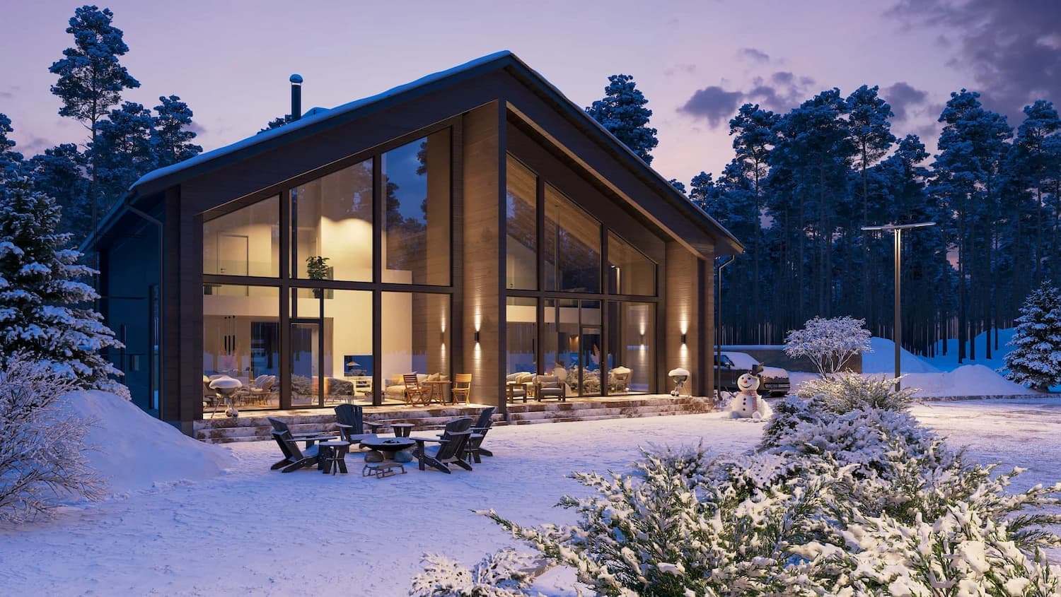 Exterior and Interior Visualization of a Winter Timber House