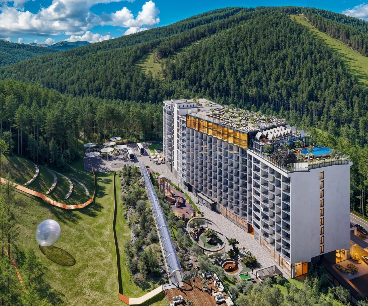 Aerial rendering of a mountain resort in Polianytsia, Ukraine