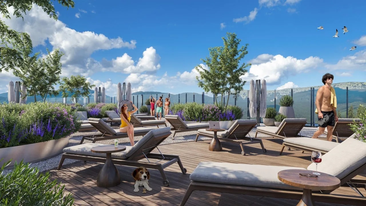Mountain hotel rooftop pool with panoramic views in Polianytsia, Ukraine